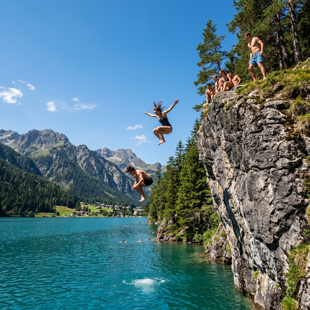 People jumping off a cliff into a scenic alpine lake