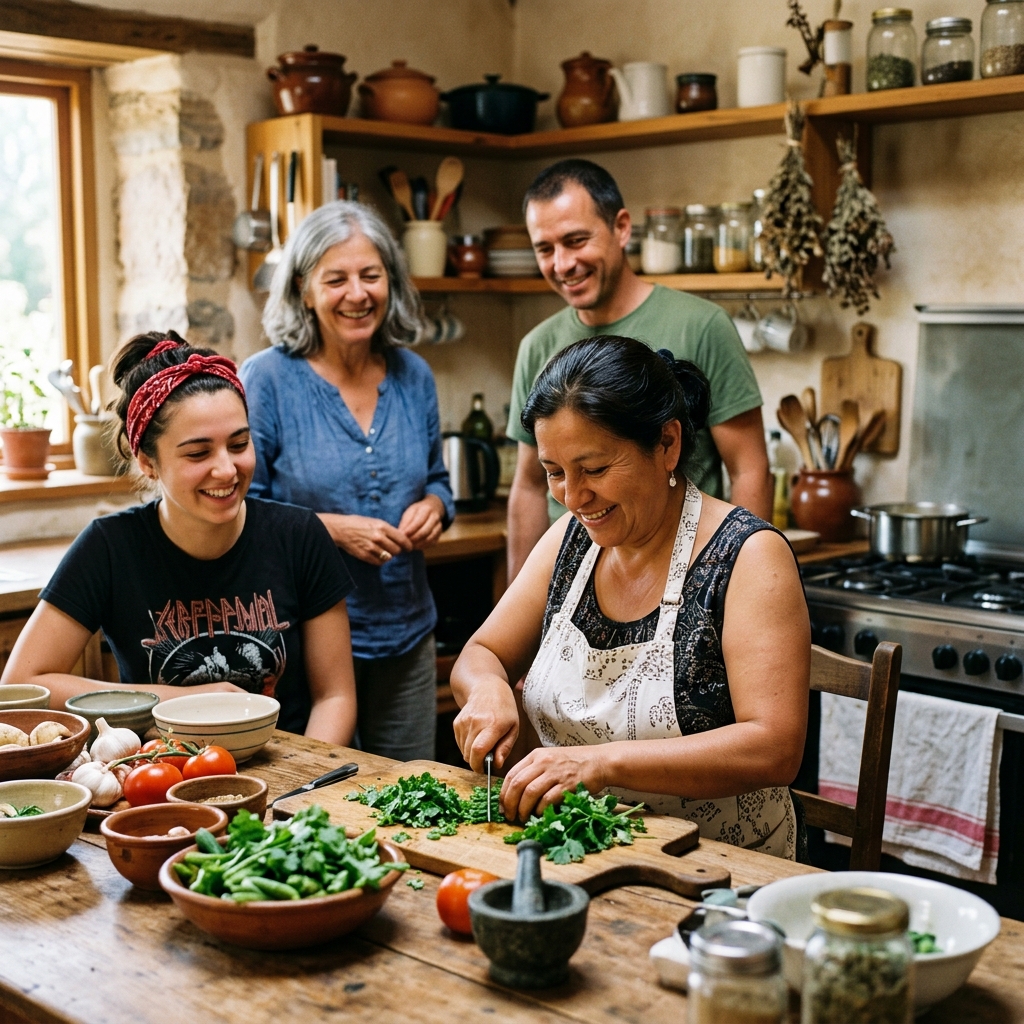 Local hosts preparing fresh food and herbs
